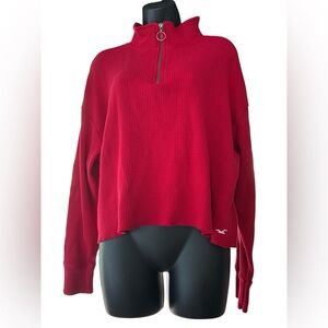 Hollister Red Waffle Knit quarter zip cropped pullover sweater size medium